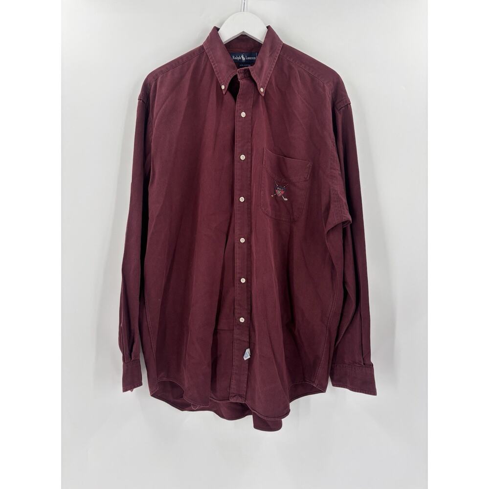 Ralph Lauren Vintage Button Down Shirt Mens Large Red Maroon Long Sleeves Logo